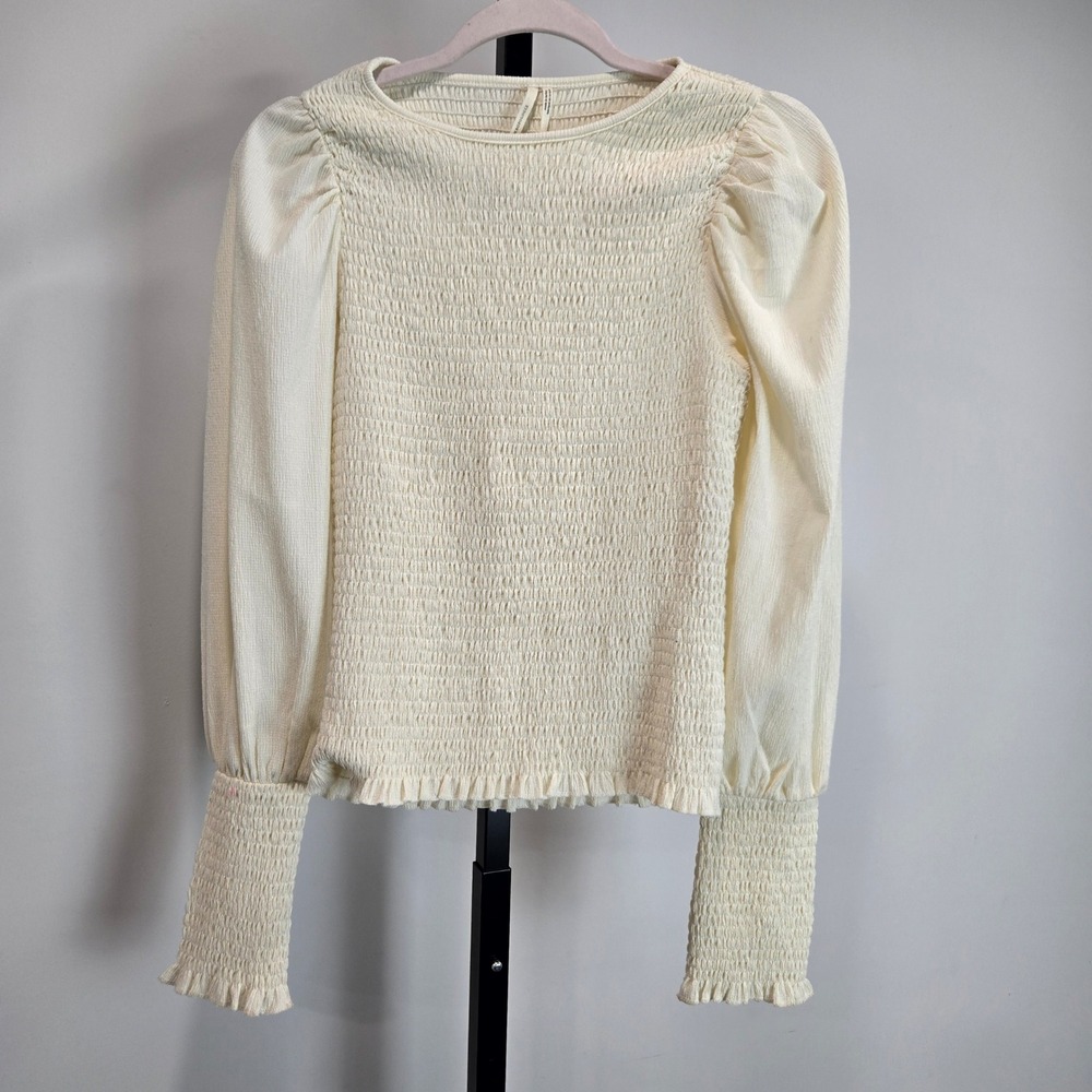 Anthropologie Smocked Puff Sleeve Top Cream Off White OB1425048 Women Small FLAW